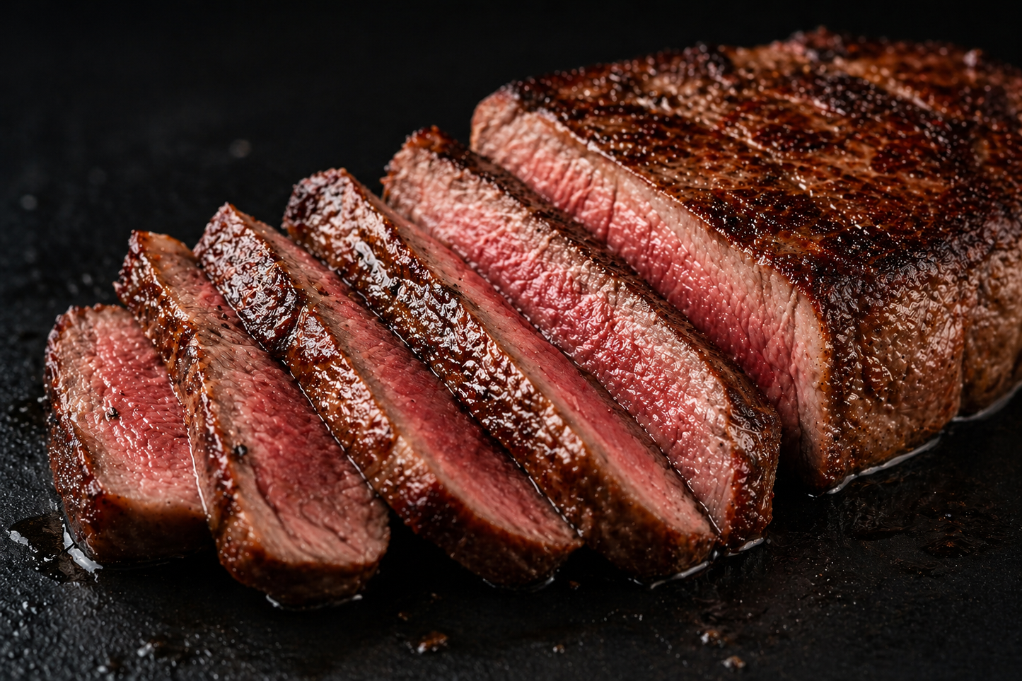 Sliced steak on a black surface