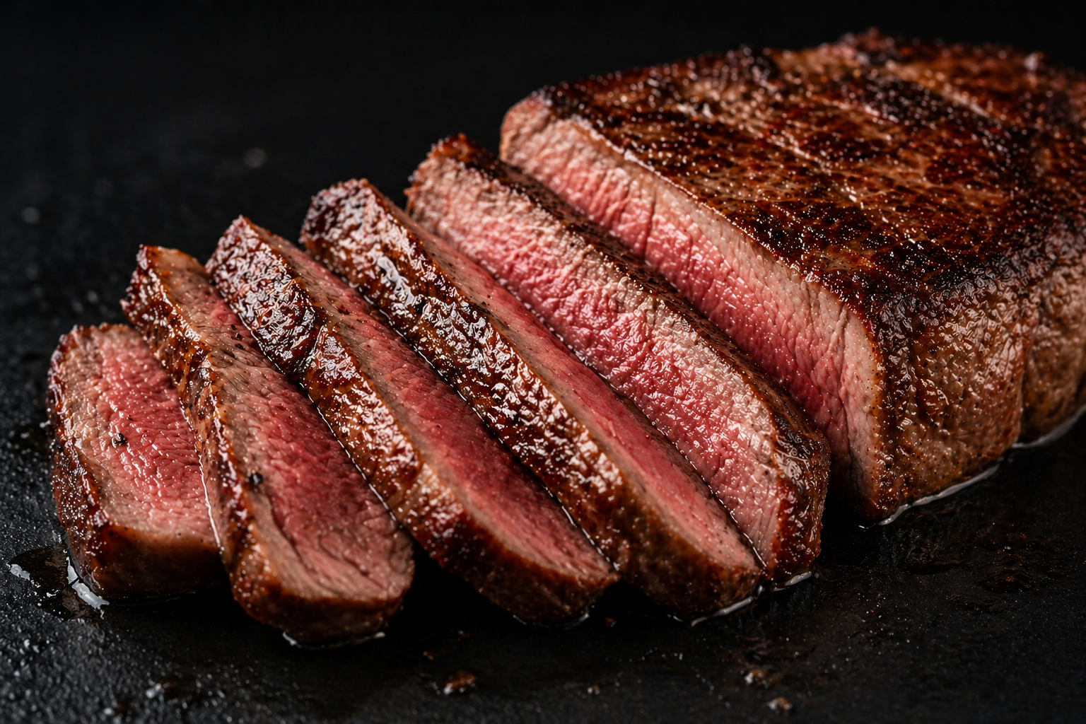 Sliced steak on a black surface
