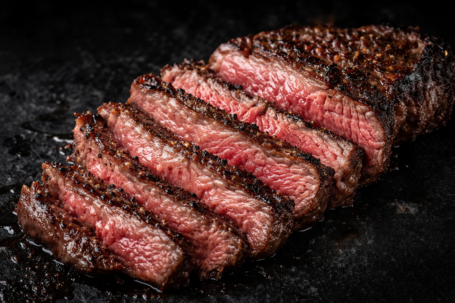 Sliced steak with grill marks on a dark surface